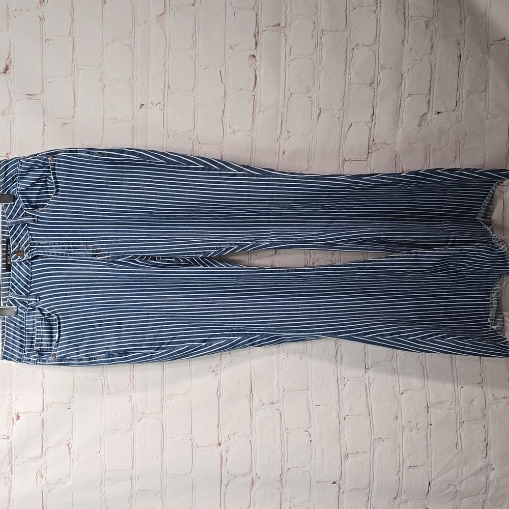 Judy Blue Blue & White Striped Super Flare Raw Hem Jeans Womens Size 16W - Picture 2 of 16